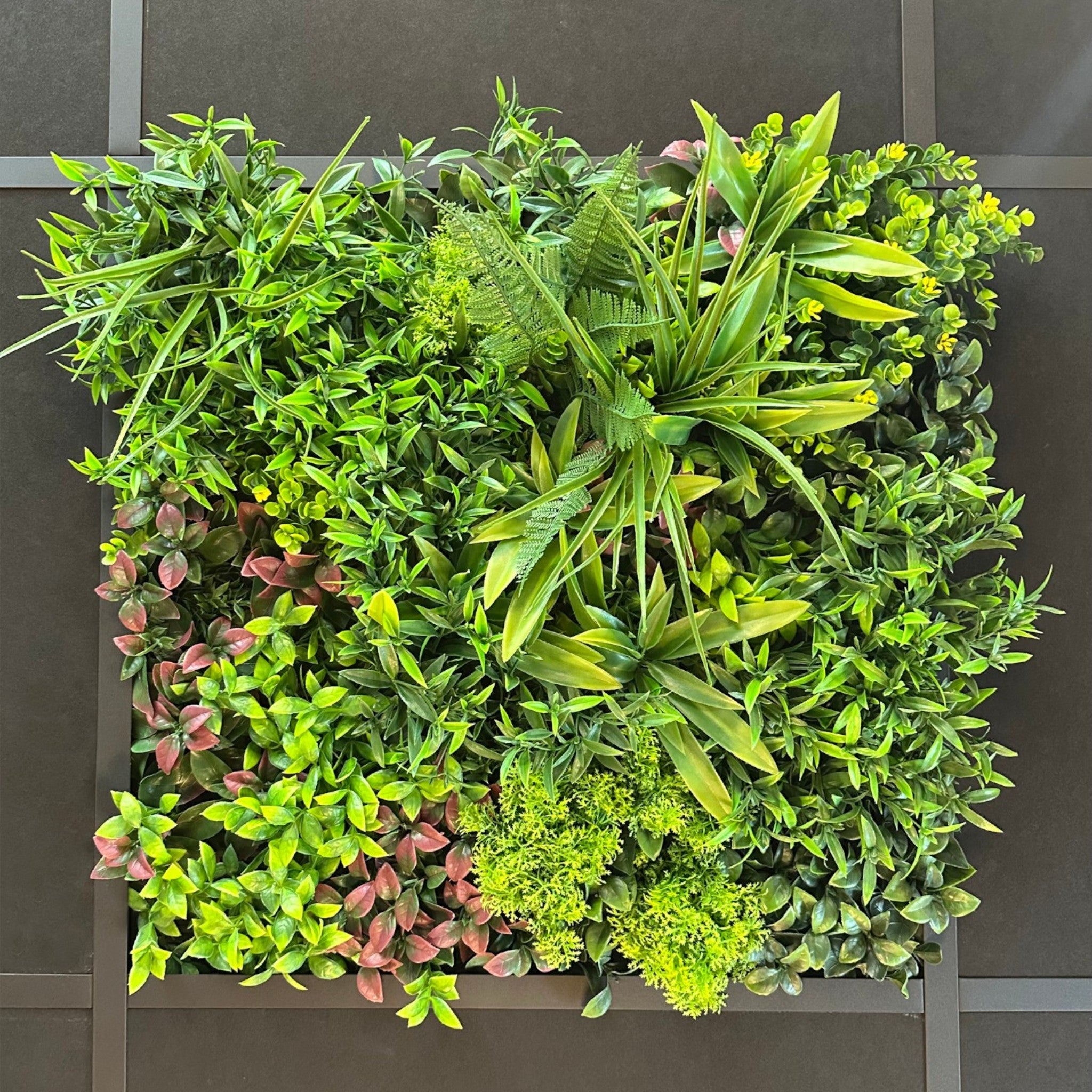 Dalle plafond végétal artificiel Printemps 59.5x59.5 cm installée - feuillages pourpres verts denses - plafond végétal acoustique décoratif - ambiance naturelle luxueuse sans arrosage lumière - idéal espaces professionnels