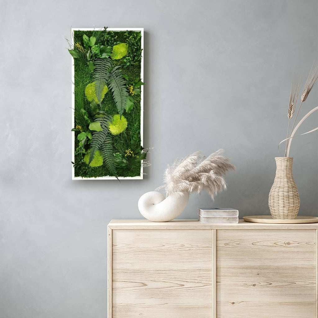 Tableau végétal stabilisé Elegance 34x74 cm accroché mur salon - mousses boules vertes fougères lierres gypsophile - cadre blanc rectangulaire vertical - décoration murale nature sans entretien arrosage