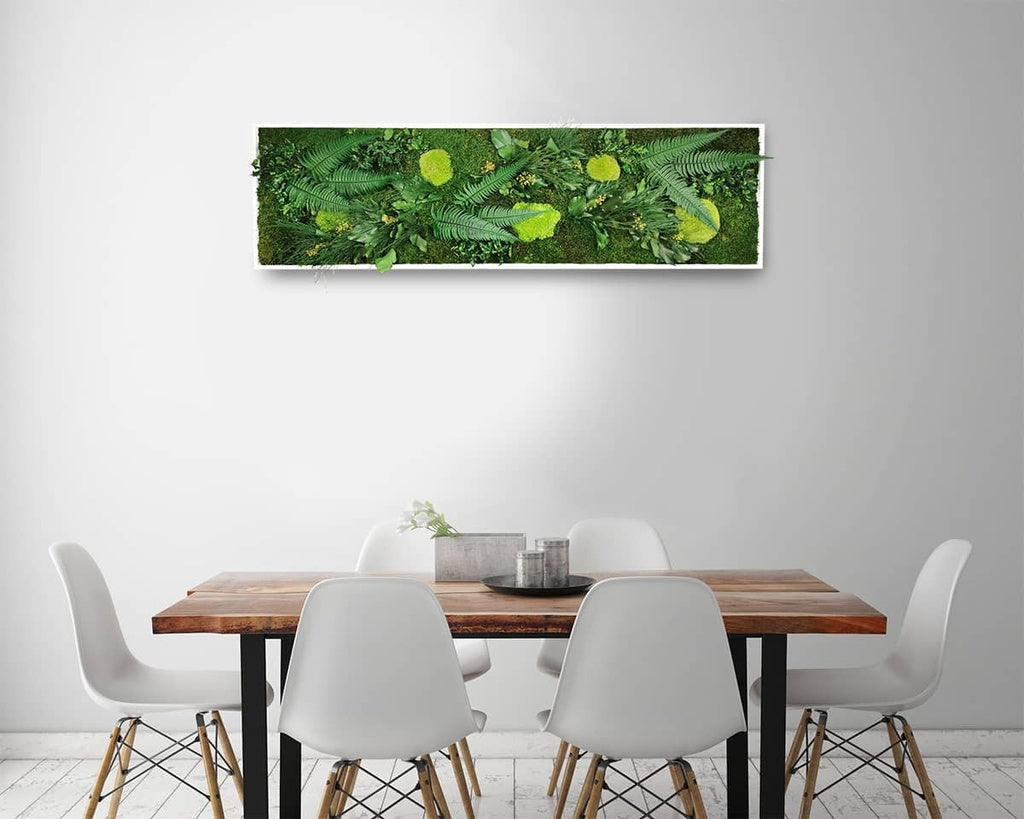 Tableau végétal stabilisé Elegance 40x140 cm accroché mur salon moderne - cadre végétal rectangulaire vertical blanc épuré - décoration murale nature tendance 2025 - plantes stabilisées sans entretien pour maison appartement bureau