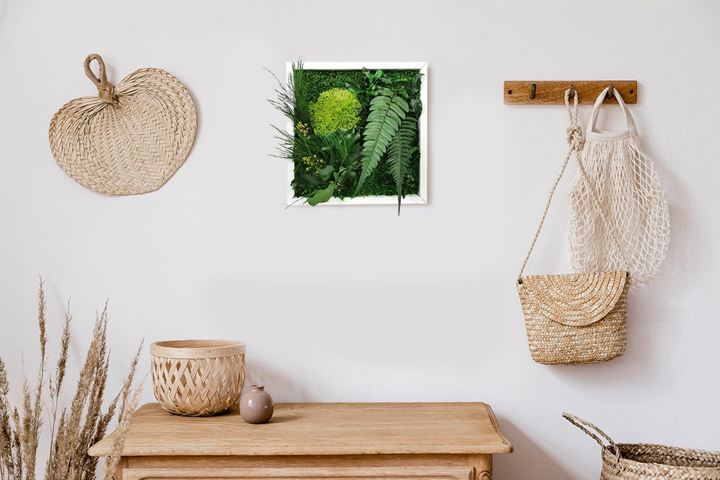 Tableau végétal stabilisé Elegance 22x22 cm accroché mur - cadre blanc épuré petit format carré - mur végétal décoratif compact - idéal bureau chambre cuisine salle bain entrée sans arrosage