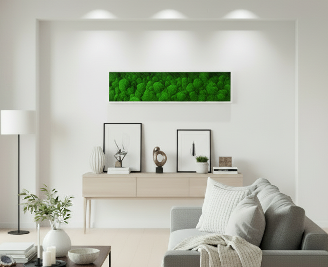 Tableau végétal stabilisé Sphere 25x115 cm cadre blanc - mousses boules vertes relief sphérique 3D - format rectangulaire vertical étroit long - mur végétal moderne sans entretien arrosage fabrication française
